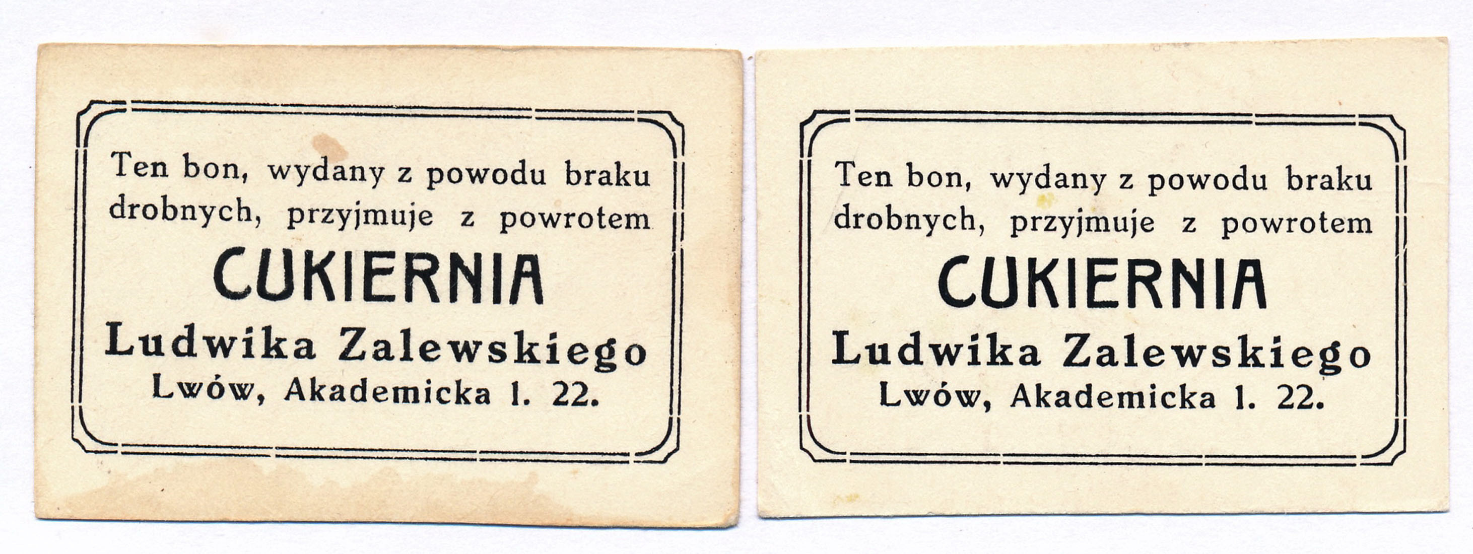 Galicja, Lwów - Cukiernia Ludwika Zalewskiego. Bon na 70 + 90 halerzy 1918 - RZADKIE
